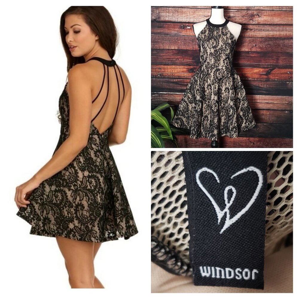 Windsor Mini Dress M Black Lace Overlay Backless Flared Juniors